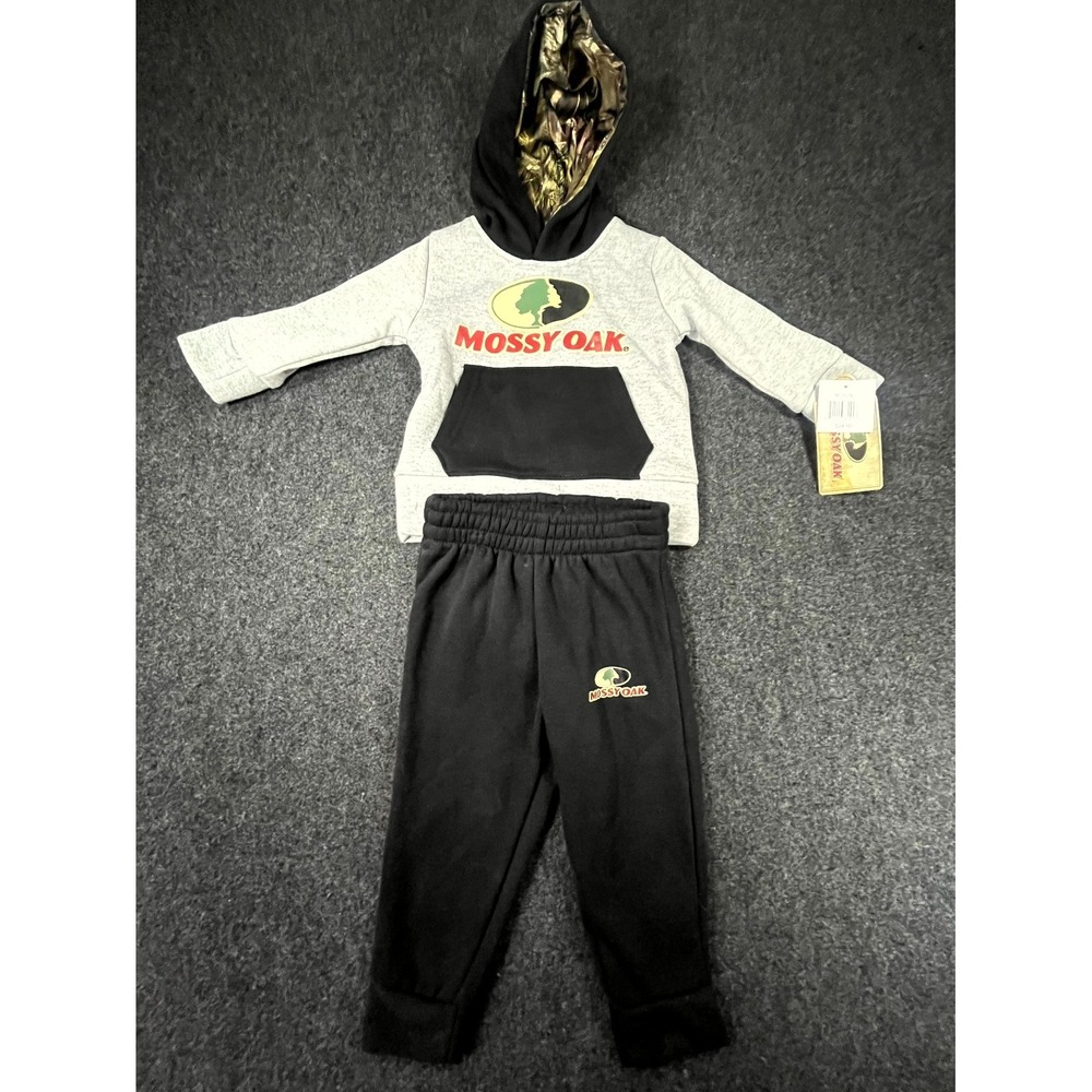 Mossy Oak Hoodie Pants 2 Piece Outfit Set Boys 18M Gray Black Logo Camo Hunting